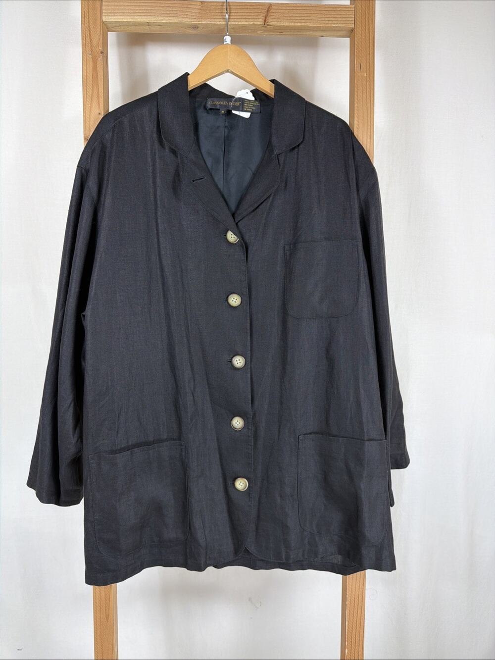 Nordstrom Classiques Entier Black Button Up Linen Jacket #1329 Size XL